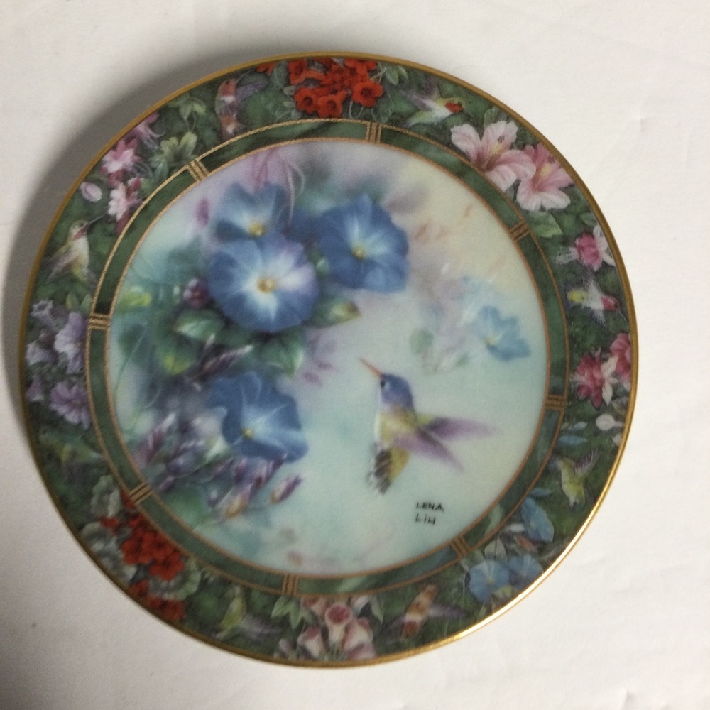 Lena Liu “The Violet Crowned”Hummingbird” Mini-Plate Blue Floral Porcelain #4